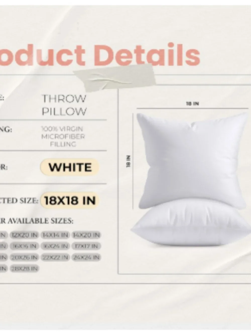 NWT 18x18 Pillow Inserts, Set of 2, White – Indoor Decorative Throw Pillows